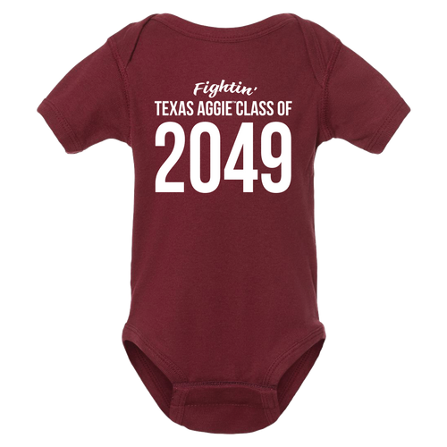 Maroon infant Texas A&M bodysuit featuring "Fightin' Texas Aggie Class of 2049" printed in white across the front. Soft short-sleeve one-piece designed for future Aggies and game day wear.
