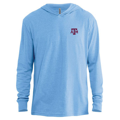 Light blue Texas A&M lightweight hooded long sleeve tee featuring a maroon A&M logo on the left chest. Soft performance-inspired shirt with an attached hood, ideal for layering, outdoor activities, and everyday wear.