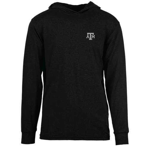 Black Texas A&M lightweight hooded long sleeve tee featuring a gray A&M logo on the left chest. Soft performance-style shirt with an attached hood, designed for layering, outdoor activities, and everyday wear.