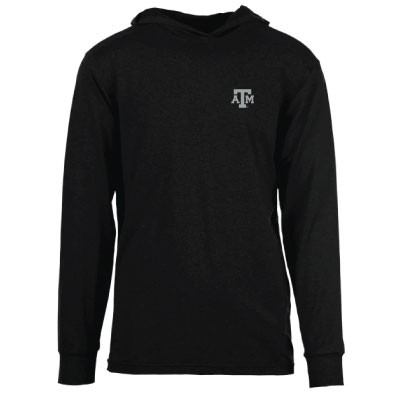 Black Texas A&M lightweight hooded long sleeve tee featuring a gray A&M logo on the left chest. Soft performance-style shirt with an attached hood, designed for layering, outdoor activities, and everyday wear.