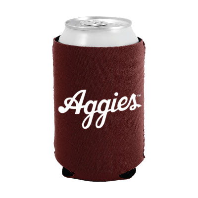 Maroon Aggies can cooler featuring white script "Aggies" lettering on the front. Collapsible drink sleeve designed for standard cans and game day gatherings.