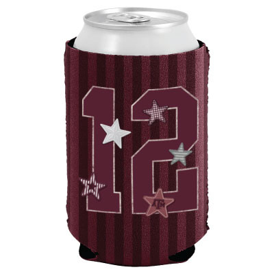 Maroon Texas A&M can cooler featuring a striped background, large number 12 graphic, decorative stars, and a Texas A&M logo star on the front.