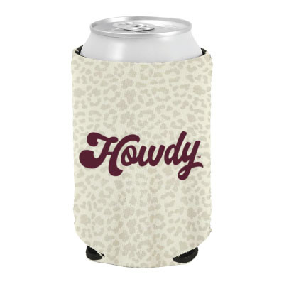 Cream leopard print can cooler featuring maroon "Howdy" script lettering on the front. Collapsible drink sleeve with a stylish Aggie-inspired design.