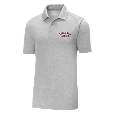 Heather gray Texas A&M Aggies polo featuring maroon embroidered "Texas A&M Aggies" lettering on the left chest and a classic three-button collar.