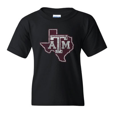 Youth black Texas A&M T-shirt featuring the iconic Texas A&M logo inside a Texas state outline graphic on the front.