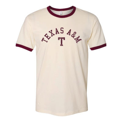 Cream Texas A&M Vault T ringer T-shirt featuring maroon collar and sleeve trim, arched Texas A&M lettering, and a classic maroon Vault T logo on the front.