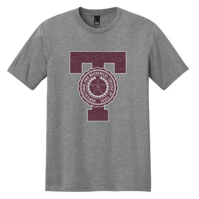 Heather gray Texas A&M Block T Seal T-shirt featuring a large distressed maroon Block T with the historic Texas A&M College seal centered on the front.