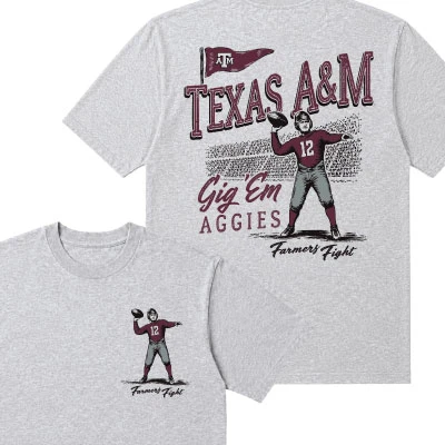 Heather gray Texas A&M T-shirt featuring a vintage number 12 football player, Texas A&M pennant, stadium crowd, “Gig ’Em Aggies,” and “Farmers Fight” graphics.