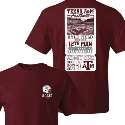 Maroon Texas A&M retro ticket T-shirt featuring a small football helmet graphic on the front and a vintage Kyle Field 12th Man admission ticket design on the back.