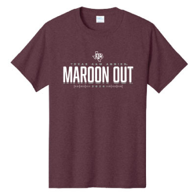Heather maroon Texas A&M Maroon Out T-shirt featuring commemorative 150-year graphics on the front and a "150 Years Here For Good" graphic on the upper back.