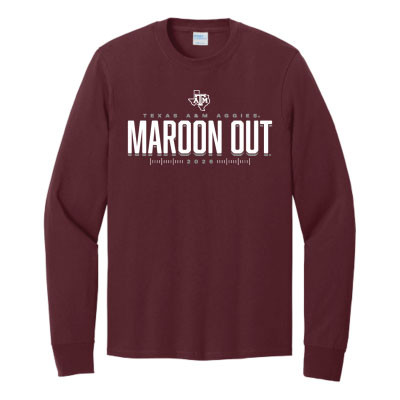 Maroon Texas A&M long sleeve T-shirt featuring a front Maroon Out graphic and a back "150 Years Here For Good" design celebrating Texas A&M's 150th anniversary.