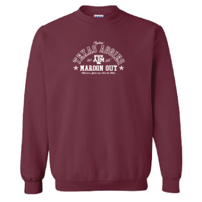 Maroon Texas A&M crewneck sweatshirt featuring an embroidered Texas Aggies and Maroon Out design with the Texas A&M logo and star accents on the front.