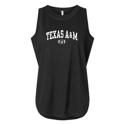 Black Texas A&M tank top featuring white Texas A&M lettering across the chest and a small football graphic with the number 12 centered underneath.