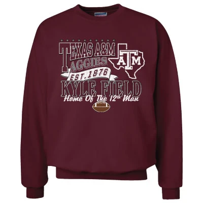 Maroon Texas A&M crewneck sweatshirt featuring Texas A&M Aggies, Kyle Field, Est. 1876, and Home of the 12th Man graphics with a Texas outline and football.