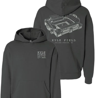 Charcoal gray Texas A&M hoodie featuring small Kyle Field lettering on the front and a detailed line-art aerial illustration of Kyle Field stadium across the back.