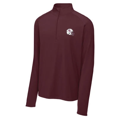 Maroon Texas A&M quarter-zip pullover featuring a stand collar, long sleeves, and a Texas A&M football helmet logo embroidered on the left chest.