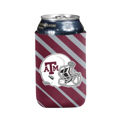 Maroon Texas A&M can cooler featuring diagonal gray stripes and a white Aggie football helmet graphic with a maroon Texas A&M logo on the front.