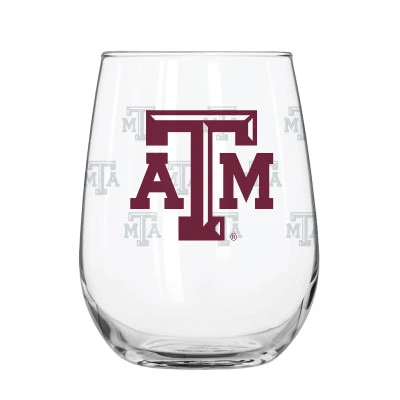 Clear stemless Texas A&M wine glass featuring a large maroon Texas A&M logo on the front with a repeating pattern of etched Texas A&M logos around the glass.