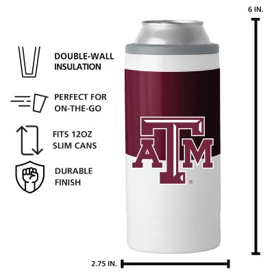 Texas A&M hard-sided slim can cooler featuring maroon and white color blocking, a large Texas A&M logo, double-wall insulation, and a design that fits 12-ounce slim cans.