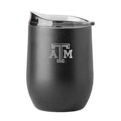 Charcoal gray Texas A&M 16 oz tumbler featuring an etched Texas A&M logo centered on the front, a rounded silhouette, and a clear sipping lid on top.