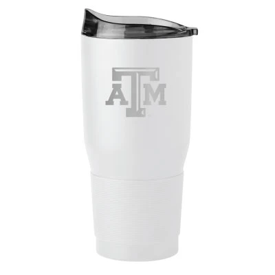 White Texas A&M 30 oz tumbler featuring a silver Texas A&M logo, tall tapered design, textured lower section, and dark clear sipping lid on top.