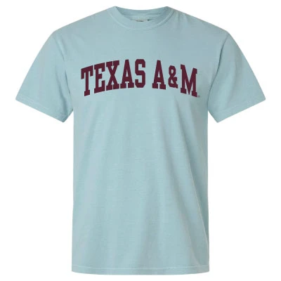 Light blue Texas A&M Arch Collection T-shirt featuring bold maroon Texas A&M lettering arched across the chest in a simple, classic collegiate design.