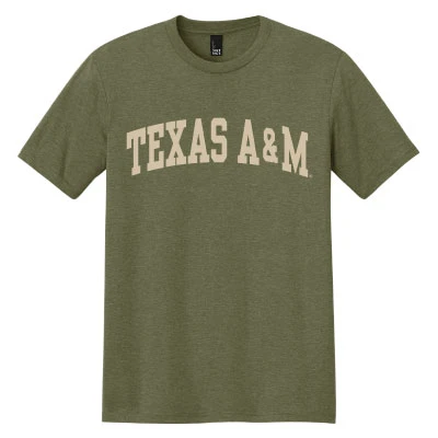 Heather olive green Texas A&M Arch Collection T-shirt featuring bold cream Texas A&M lettering arched across the chest in a classic collegiate design.