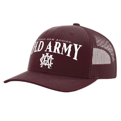 Maroon Texas A&M Vault trucker cap featuring white “Old Army” lettering, Texas A&M Aggies text, a vintage AMC logo, curved bill, and matching maroon mesh back panels.