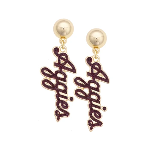 Texas A&M drop earrings featuring shiny gold-tone ball studs and dangling Aggies script designs outlined in gold with maroon stone accents for a sparkling, spirited game day accessory.
