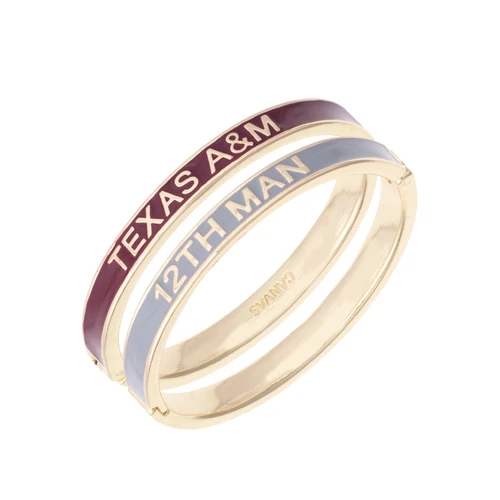 Texas A&M bangle set featuring two gold-tone bracelets with maroon Texas A&M and gray 12th Man accents, creating a coordinated Aggie jewelry set for game day or everyday wear.
