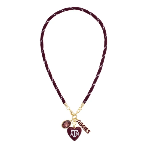 Maroon Texas A&M paracord necklace with white accents, gold-tone hardware, maroon A&M heart charm, Aggies lettering charm, and coordinating maroon stone pendant.