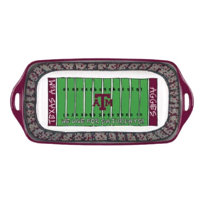 Texas A&M Kyle Field melamine platter featuring an illustrated green football field, maroon Texas A&M logo, stadium seating, Aggies lettering, “We Live for Saturdays!” and built-in handles.