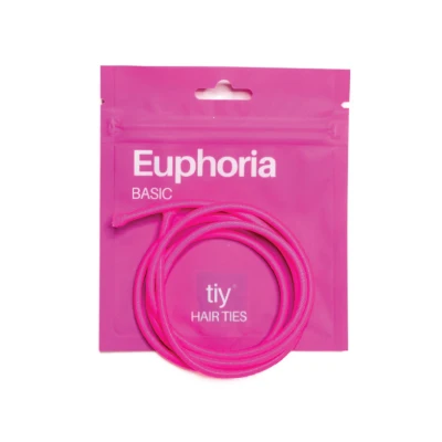 TIY Euphoria Basic Hair Ties featuring multiple slim elastic hair ties in a vibrant hot pink color, displayed on coordinating bright pink packaging for a fun everyday hair accessory.
