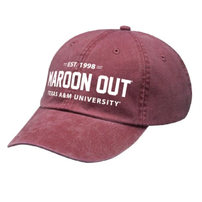 Washed maroon Texas A&M Maroon Out cap featuring white “Maroon Out” lettering, Est. 1998 and Texas A&M University text, with a classic curved bill.