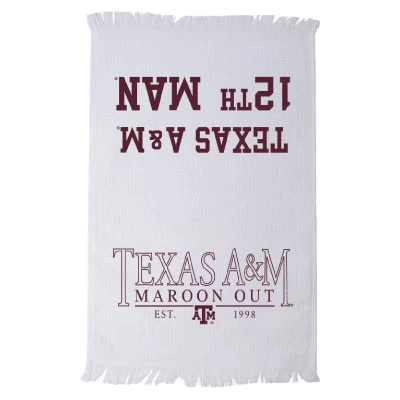 White Texas A&M Maroon Out rally towel featuring maroon Texas A&M Maroon Out, Est. 1998, 12th Man lettering, Texas A&M logos, and fringed edges.