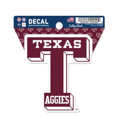 Texas A&M Vault Block T decal featuring a maroon vintage-style T outlined in white and gray with bold Texas lettering across the top and Aggies at the bottom.