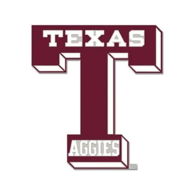 Texas A&M Vault T enamel pin featuring a vintage maroon Block T outlined in white and gray with bold Texas lettering across the top and Aggies at the bottom.