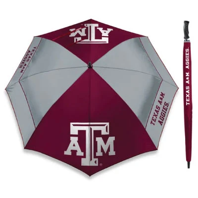 Texas A&M 62-inch umbrella featuring alternating maroon and gray canopy panels, bold white Texas A&M logos, Aggies lettering, black handle, and coordinating maroon storage sleeve.