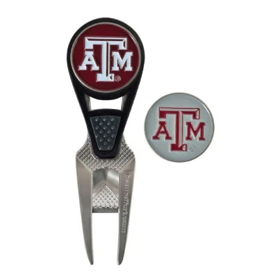 Texas A&M golf divot repair tool featuring a two-prong metal design, black grip, maroon Texas A&M logo marker, and coordinating silver Texas A&M ball marker.