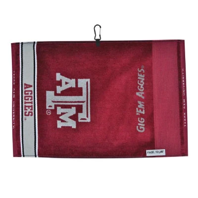 Maroon Texas A&M jacquard golf towel featuring a large woven Texas A&M logo, Gig ’Em Aggies lettering, striped Aggies detailing, and an attached black golf bag clip.