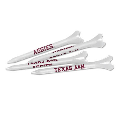 Texas A&M 40-pack golf tee set featuring white golf tees printed with maroon Texas A&M and Aggies lettering along the sides for a spirited course-ready look.