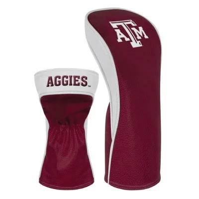 Maroon and white Texas A&M driver cover featuring a bold white Texas A&M logo on top, contrasting side panels, Aggies lettering, and a gathered opening for a secure fit.