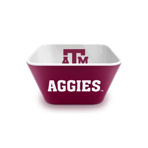 Texas A&M small square snack bowl featuring a maroon exterior with white Aggies lettering, A&M logos, and a white interior with maroon A&M logo. Measures approximately 5.75 by 3 inches.