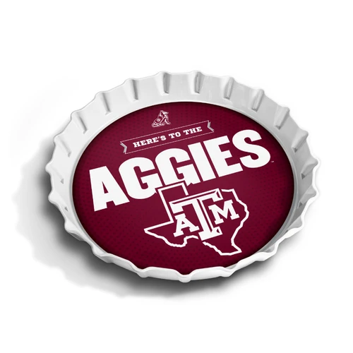 Texas A&M 13-inch melamine serving tray shaped like a bottle cap, featuring a white ridged rim, maroon center, bold white Aggies lettering, and the A&M logo inside a Texas outline.