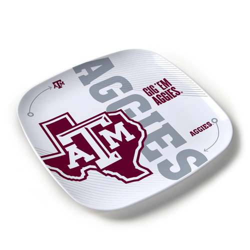 Texas A&M square snack platter featuring a white background, large maroon A&M logo with Texas outline, oversized gray Aggies lettering, and maroon Gig 'Em Aggies text. Measures 10.25 inches square.