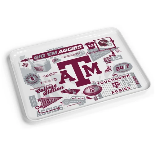 Texas A&M rectangular serving tray featuring a white background, large maroon A&M logo, Gig 'Em Aggies lettering, football graphics, and Aggie traditions. Measures 15 by 11.25 inches.