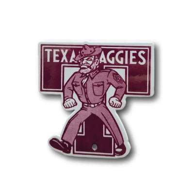 Texas A&M Ol’ Sarge magnet featuring the vintage marching Ol’ Sarge character in uniform against a maroon and white Texas Aggies graphic with a retro-inspired design.