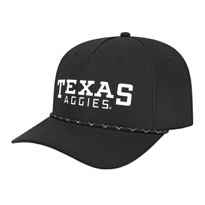 Black Texas Aggies cap featuring bold white Texas lettering, smaller Aggies text, a black and white braided rope accent, structured crown, and curved black bill.
