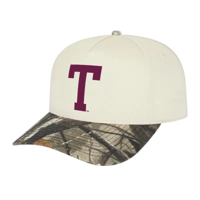Cream Texas A&M cap featuring a bold maroon Block T logo, realistic camouflage print curved bill, structured cream crown, and matching cream top button.