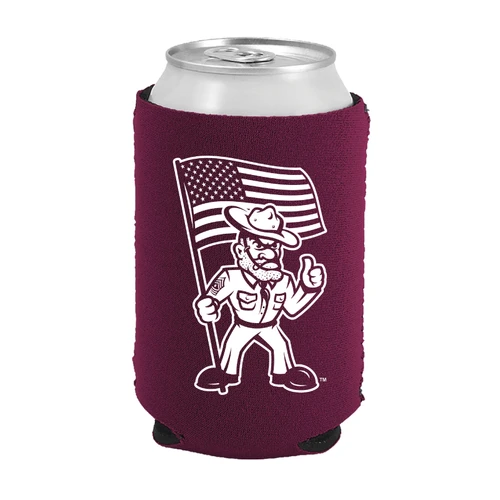 Maroon Texas A&M can coolie featuring the Ol’ Sarge American Flag logo in white, shown wrapped around a beverage can with black reinforced details along the edges.